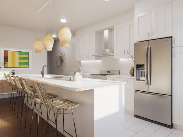 This modern kitchen in a new GTA home features white cabinets, an island with four wicker barstools, and stainless steel appliances. Pendant lights illuminate the space, while colorful artwork and a round mirror grace the walls. Hardwood and tile flooring complete this pre-construction gem.