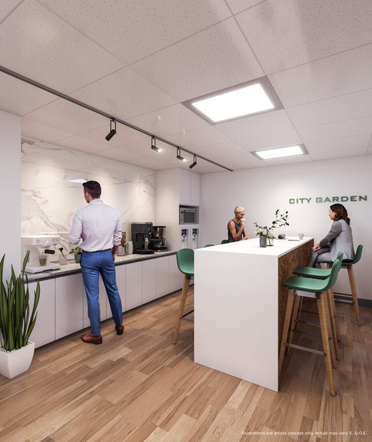 In the modern office kitchen of SG Homes, two women are seated at a tall table while a man in a white shirt and blue pants brews coffee. The space boasts white cabinets, wooden flooring, a plant, and the words “CITY GARDEN” elegantly displayed on the wall. In the modern office kitchen of SG Homes, two women are seated at a tall table while a man in a white shirt and blue pants brews coffee. The space boasts white cabinets, wooden flooring, a plant, and the words "CITY GARDEN" elegantly displayed on the wall.