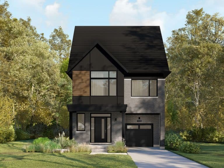 A modern two-story house with a black roof and large windows, surrounded by lush green trees and a well-kept lawn, reminiscent of the serene appeal of new condos. The front features a small garden and a paved driveway leading to a single garage under the clear blue sky.