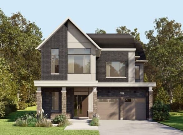 A two-story house with dark brick and beige accents, offering large windows and a double garage, exemplifies the charm of SG Homes. Surrounded by lush trees and greenery, a driveway guides you to the garage under a clear blue sky.
