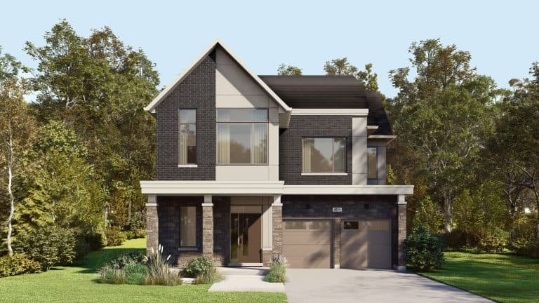A two-story house with dark brick and beige accents, offering large windows and a double garage, exemplifies the charm of SG Homes. Surrounded by lush trees and greenery, a driveway guides you to the garage under a clear blue sky.