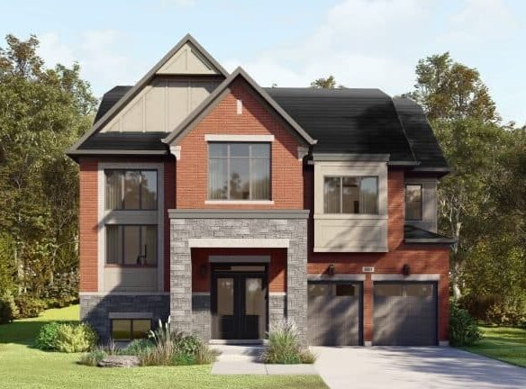 A modern two-story house with a red brick and gray stone facade, perfect for those exploring new homes in GTA. It features large windows and two garage doors. The driveway leads to a well-maintained lawn surrounded by trees, under a clear blue sky.