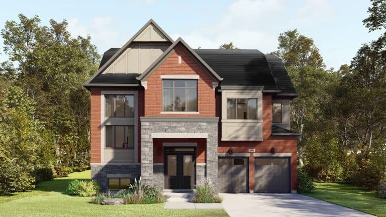 A modern two-story house with a red brick and gray stone facade, perfect for those exploring new homes in GTA. It features large windows and two garage doors. The driveway leads to a well-maintained lawn surrounded by trees, under a clear blue sky.