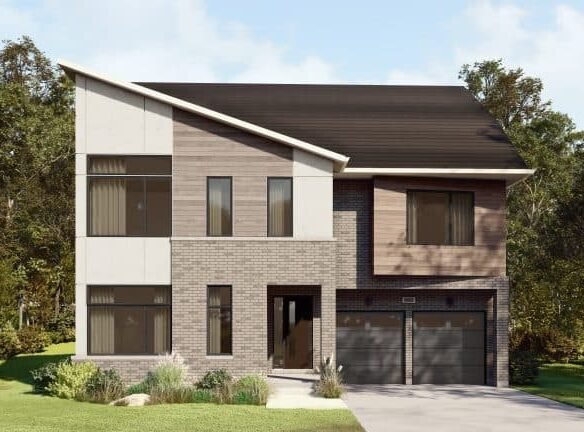 This modern two-story house showcases a mixed brick and wood exterior with large windows, set under an angled roof. An attached double garage complements the design. Perfect for those exploring new homes in GTA, it’s surrounded by trees and grass under a clear blue sky.