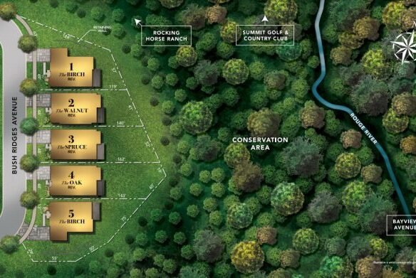 Aerial map showcasing five residential lots, numbered 1 to 5 and labeled Birch, Walnut, Spruce, Oak. Nestled among the trees near Rocking Horse Ranch and Summit Golf & Country Club, these new homes in GTA offer a picturesque escape just off Bayview Avenue.