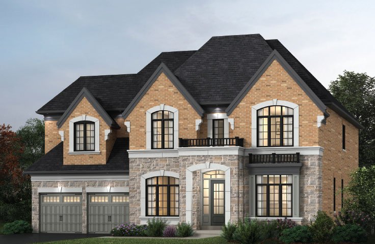 A large, two-story pre-construction home with a light brick and stone exterior. It features multiple windows, two garages with gray doors, and a neatly manicured lawn. The steep, dark roof boasts a small balcony over the entrance—a prime example of new homes in the GTA by SG Homes.