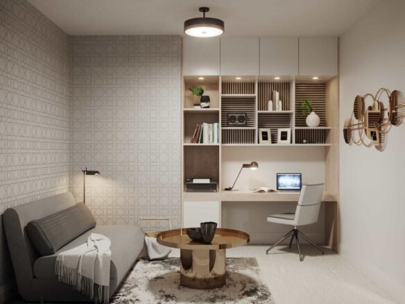 A modern living room in new homes features a gray sofa, round wooden coffee table, and sleek desk setup. A laptop rests on the desk built into shelving with books and decor. A patterned wall and unique wall art add style to this contemporary space.