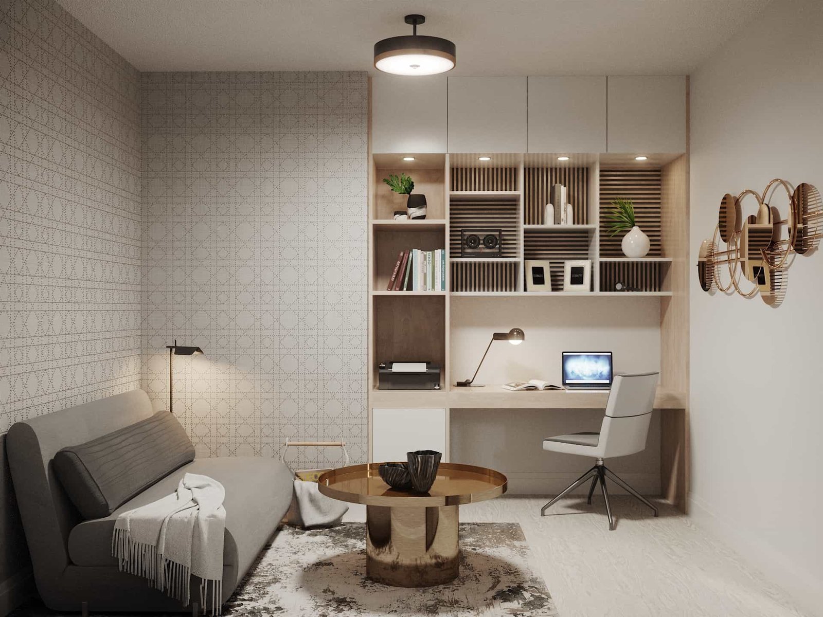 A modern living room in new homes features a gray sofa, round wooden coffee table, and sleek desk setup. A laptop rests on the desk built into shelving with books and decor. A patterned wall and unique wall art add style to this contemporary space. A modern living room in new homes features a gray sofa, round wooden coffee table, and sleek desk setup. A laptop rests on the desk built into shelving with books and decor. A patterned wall and unique wall art add style to this contemporary space.