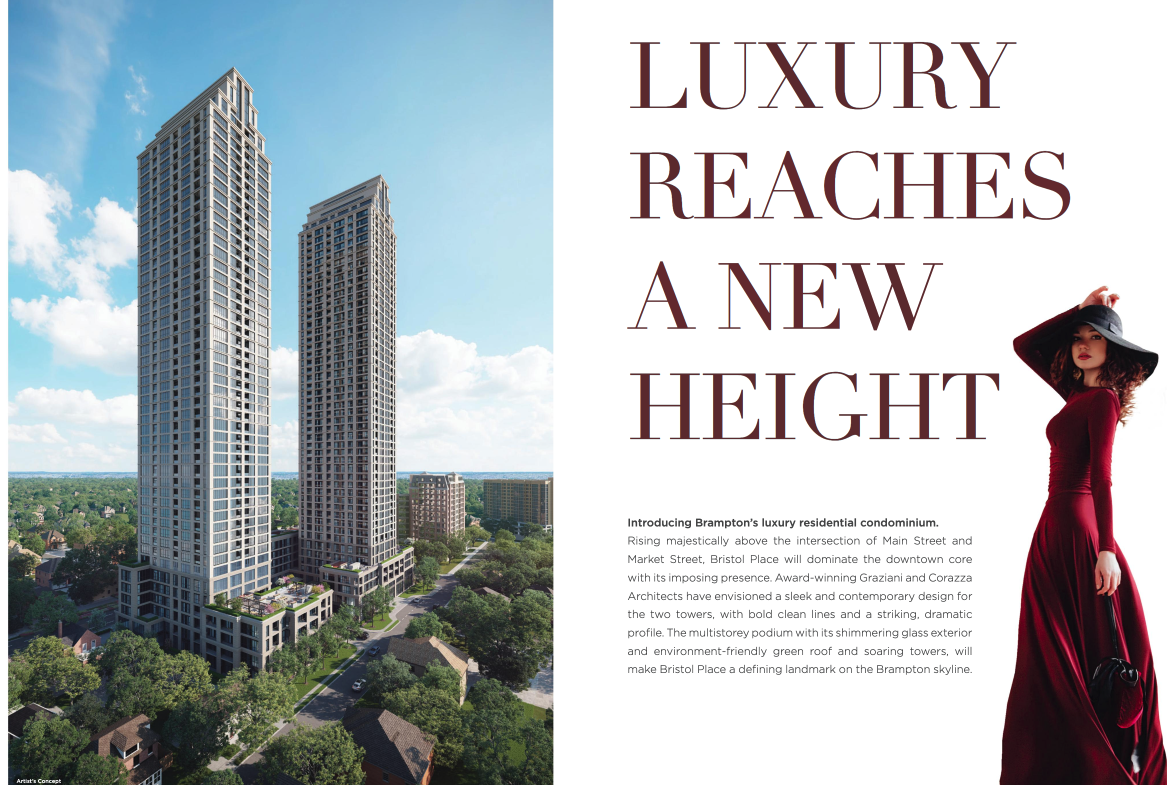 A modern cityscape with two tall skyscrapers and trees below showcases the allure of pre-construction homes. On the right, the text reads, "Luxury Reaches a New Height." A woman in a red dress and hat stands elegantly in the lower right corner.