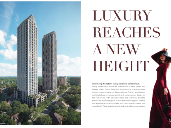 A modern cityscape with two tall skyscrapers and trees below showcases the allure of pre-construction homes. On the right, the text reads, "Luxury Reaches a New Height." A woman in a red dress and hat stands elegantly in the lower right corner.