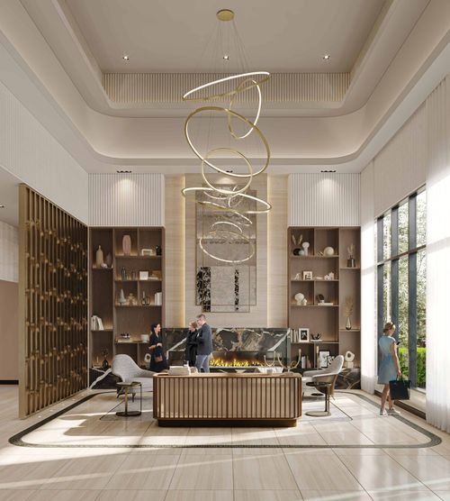 A modern hotel lobby featuring a large abstract light fixture, a central reception desk, and tall shelves displaying art pieces has a sleek design reminiscent of new condos in GTA. Two people converse near the desk while a woman stands illuminated by natural light streaming from the window.