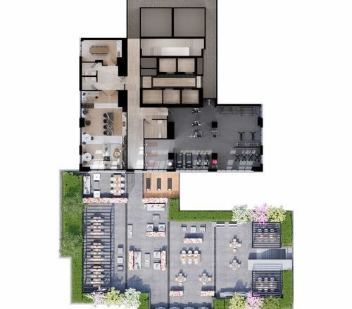 A detailed architectural floor plan of pre-construction homes reveals a complex layout with various rooms and a surrounding outdoor area. The design showcases seating arrangements and greenery outside, while inside features multiple rooms and pathways, promising elegant new homes in the GTA.