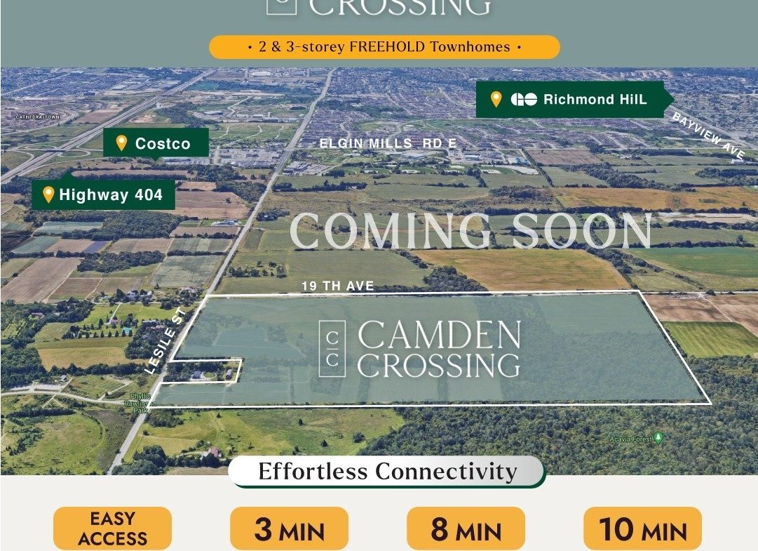 Camden Crossing A promotional image for Camden Crossing, showcasing an aerial view of the development area and highlighting key accessibility points. The image indicates "Coming Soon" and provides travel times to Costco, Green Library, Richmond Hill Station, and Gormley Station.