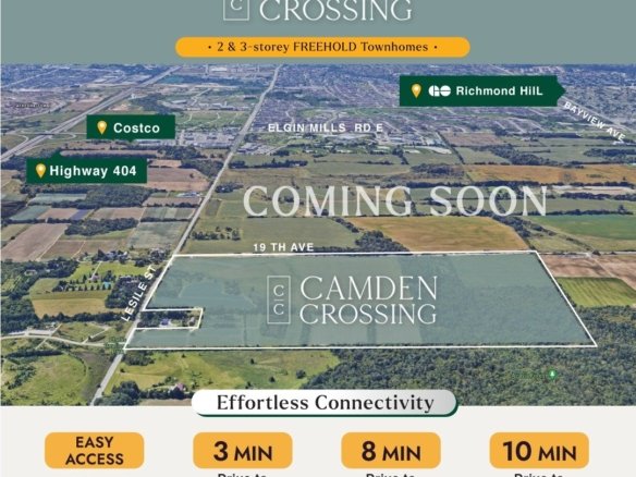 Camden Crossing A promotional image for Camden Crossing, showcasing an aerial view of the development area and highlighting key accessibility points. The image indicates "Coming Soon" and provides travel times to Costco, Green Library, Richmond Hill Station, and Gormley Station.