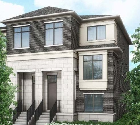 Camden Crossing A modern two-story house in Camden Crossing with brick and stone exterior walls, large windows, and a gabled roof. The front entrance features double doors accessible by two sets of stairs with metal railings, and the house is surrounded by small shrubs and greenery.