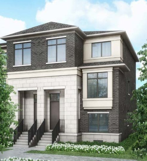 Camden Crossing A modern two-story house in Camden Crossing with brick and stone exterior walls, large windows, and a gabled roof. The front entrance features double doors accessible by two sets of stairs with metal railings, and the house is surrounded by small shrubs and greenery.