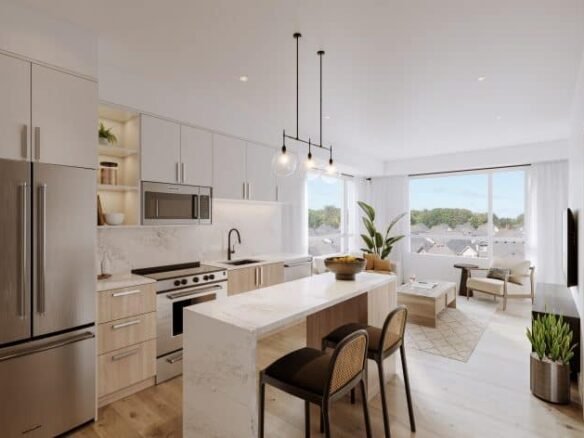 Modern open-plan kitchen and living area in new condos featuring light wood cabinets, stainless steel appliances, and a marble island with two chairs. A cozy living space with a large window, armchairs, and plants. Neutral color palette and minimalist decor perfect for SG Homes.