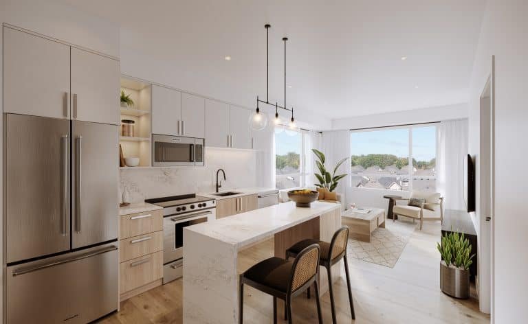 Modern open-plan kitchen and living area in new condos featuring light wood cabinets, stainless steel appliances, and a marble island with two chairs. A cozy living space with a large window, armchairs, and plants. Neutral color palette and minimalist decor perfect for SG Homes.