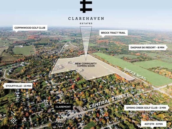 An aerial map view highlighting Clarehaven Estates, a new community in North Pickering, showcases 70 estate homes on up to 1-acre lots. Nearby landmarks include Coppinwood Golf Club, Brock Tract Trail, Dagmar Ski Resort, Spring Creek Golf Club, Highway 407, and more.