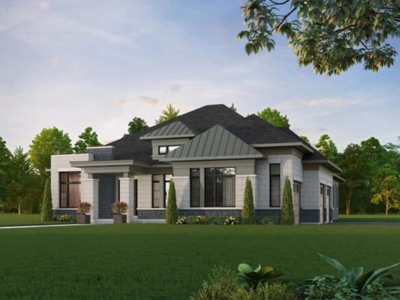 A modern single-story house in Clarehaven Estates with a mix of light and dark exterior colors, featuring large windows and a sloped roof. The surrounding yard boasts well-maintained grass, with plants and trees visible in the background under a clear sky.