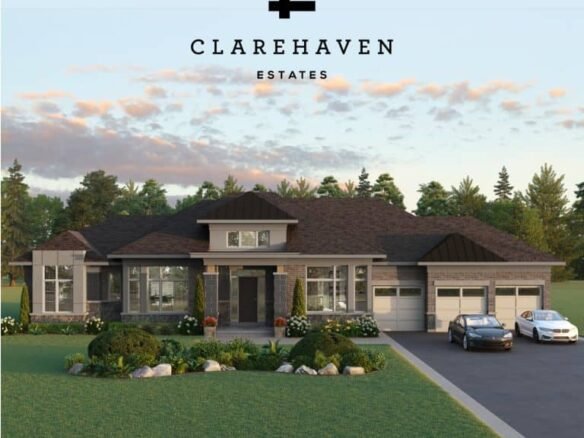 A large, single-story modern house is shown with a spacious driveway and two cars parked. The facade features large windows, a mix of brick and siding, and a manicured front yard. The house is labeled as "Clarehaven Estates" with a logo above the name. Trees surround the property in Clarehaven Estates.