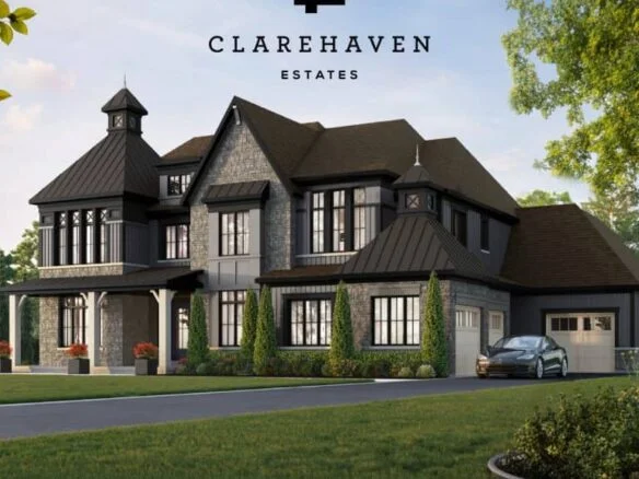 A large, elegant, two-story mansion with modern architecture located in Clarehaven Estates. The house features dark exterior accents, multiple gables, extensive windows, and a spacious garage. A sleek gray car is parked in the driveway surrounded by well-maintained greenery.