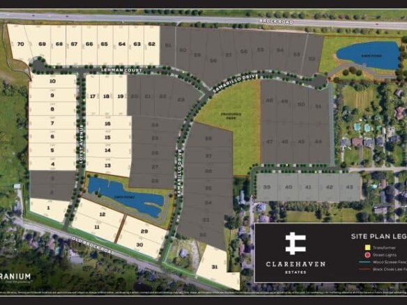 A site plan map for Clarehaven Estates by Geranium reveals numbered plots for houses, outlined streets, pond areas, and surrounding greenery. The legend includes "Released," "Coming Soon," "Woodland Green Space," and "Parks & Ponds." Discover the idyllic community of Clarehaven Estates today.