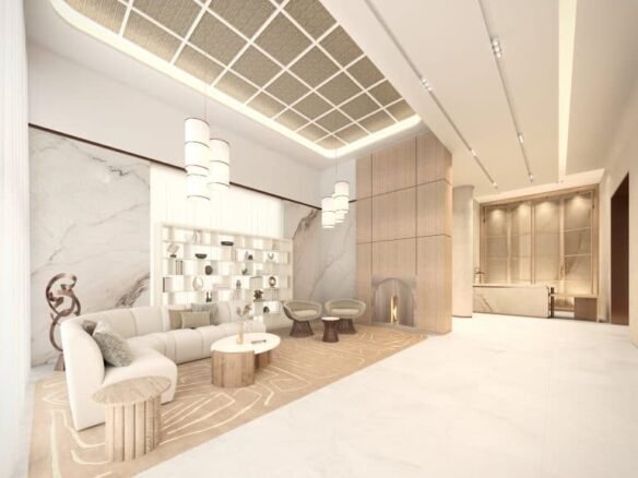 Discover the epitome of luxury in new condos with a spacious modern living room featuring elegant marble walls, a cozy fireplace, and contemporary furniture. Overhead pendant lights enhance the bright, minimalist design, making it perfect for discerning buyers seeking new homes in GTA.