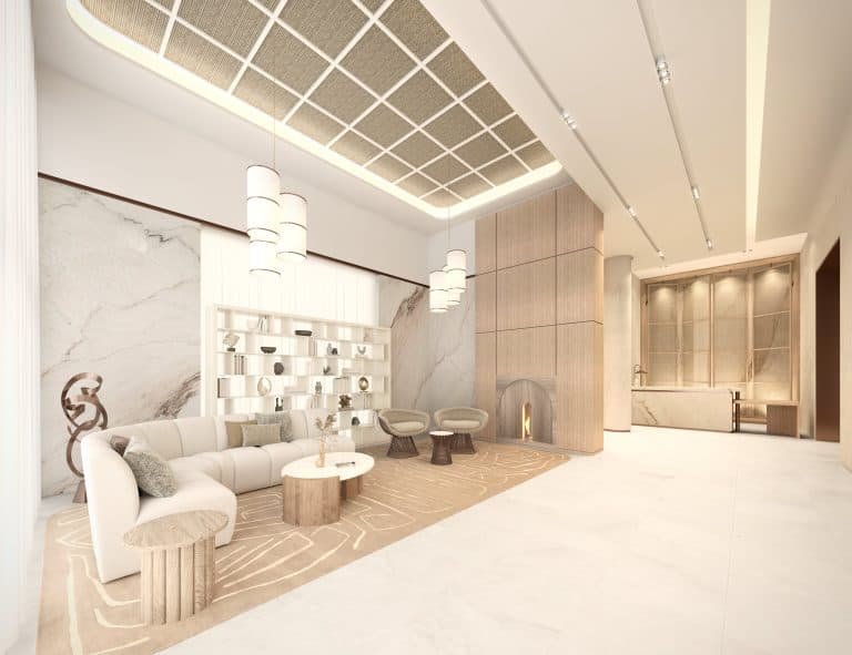 Discover the epitome of luxury in new condos with a spacious modern living room featuring elegant marble walls, a cozy fireplace, and contemporary furniture. Overhead pendant lights enhance the bright, minimalist design, making it perfect for discerning buyers seeking new homes in GTA.