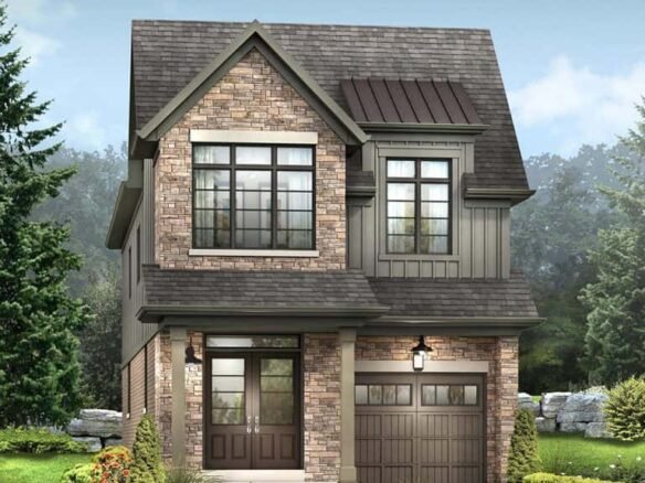 This charming two-story house with brick and wood exterior boasts a front porch, large windows, and an attached garage. Surrounded by a well-maintained garden with various shrubs and trees, it offers the allure of new homes in GTA against a backdrop of nature's beauty.