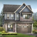 A two-story house with blue siding and stone accents, reminiscent of new homes in GTA, features a double garage and a covered porch. It boasts large windows, a gabled roof, and is surrounded by lush landscaping against a vivid sky backdrop.