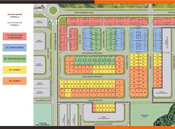 A detailed site plan of a housing development color-coded by different property types: rear lane townhomes, townhomes, semi-detached, and homes. Streets and crescents are marked, with a key on the left indicating phases of development and property categories. This community is part of the Legacy Empire project.