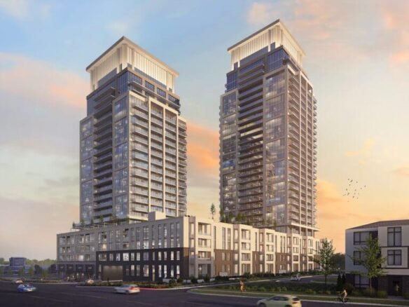 Two modern high-rise buildings with glass balconies stand side by side against a sunset sky, epitomizing the allure of new condos. The lower section features a multi-story base with windows, while cars and trees create a lively foreground scene.