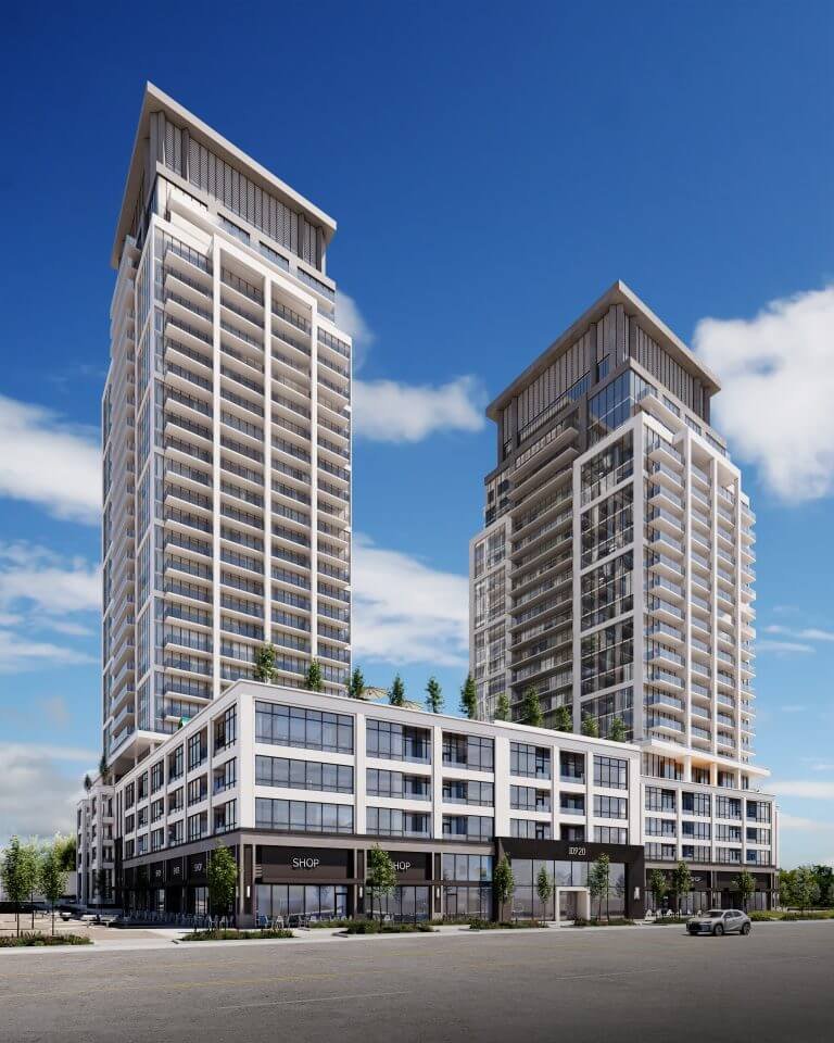 Two modern high-rise buildings with glass facades stand under a clear blue sky. These new condos share a podium featuring commercial spaces and rooftop greenery. In the foreground, an empty street and parking lot await future residents seeking new homes in the GTA. Two modern high-rise buildings with glass facades stand under a clear blue sky. These new condos share a podium featuring commercial spaces and rooftop greenery. In the foreground, an empty street and parking lot await future residents seeking new homes in the GTA.
