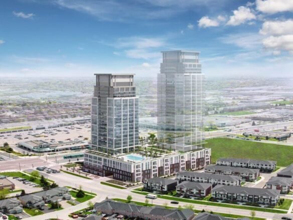 Aerial view of two modern high-rise buildings surrounded by residential homes and roads. One building is fully visible, while the other appears semi-transparent. A rooftop pool glistens amidst greenery, and a clear sky with a few clouds accentuates the allure of new condos in the GTA.