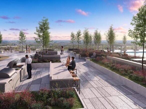 On the rooftop terrace of Sg Homes, people enjoy a lively gathering surrounded by modern outdoor seating, grills, and lush planters. The clear sky with a few clouds perfectly frames the horizon, offering a serene escape in the heart of GTA's newest community.