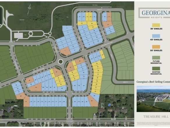 Georgina Heights residential development map featuring pre-construction homes. The map highlights lot sizes of 36', 40', and 50', future residential zones, roads, and existing neighborhoods. An inset showcases SG Homes' community branding, offering an ideal glimpse of new homes in GTA.