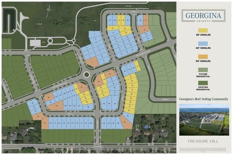Georgina Heights residential development map featuring pre-construction homes. The map highlights lot sizes of 36', 40', and 50', future residential zones, roads, and existing neighborhoods. An inset showcases SG Homes' community branding, offering an ideal glimpse of new homes in GTA.