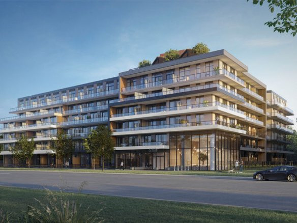 Modern mid-rise residential building, High Line Condos, with large glass windows and balconies, surrounded by leafy trees and a well-maintained lawn. The structure has several floors, with a rooftop garden and a light-colored facade. A car is parked on the street in front.