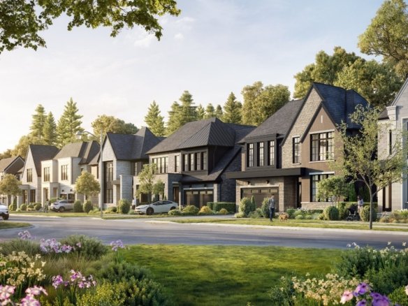 A picturesque suburban street in Iris Estates features a row of modern, two-story houses with well-manicured lawns and various trees and flowers. The sky is clear with soft sunlight casting a serene ambiance. Cars are parked along the street, and a person is walking on the sidewalk.