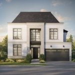 Iris Estates A modern two-story house in Iris Estates features a white brick exterior and black roof. The front boasts large black-framed windows and a sleek double garage door. The landscaping includes neatly trimmed bushes and a manicured lawn, all under a blue sky with light clouds.