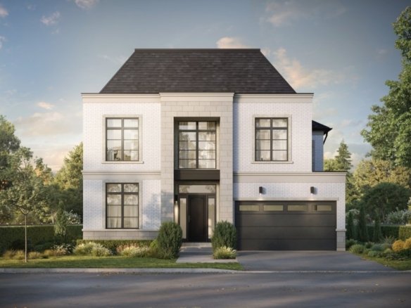 Iris Estates A modern two-story house in Iris Estates features a white brick exterior and black roof. The front boasts large black-framed windows and a sleek double garage door. The landscaping includes neatly trimmed bushes and a manicured lawn, all under a blue sky with light clouds.