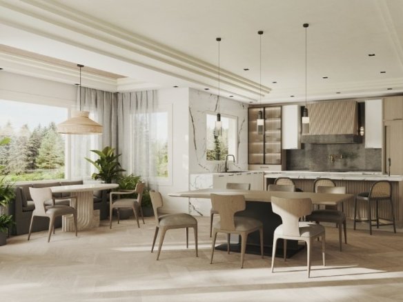 A modern dining room and kitchen at Iris Estates feature light wood furniture. The space includes a long dining table with chairs, a breakfast nook with a table and bench by large windows, and a kitchen island with stools. Pendant lights hang from the ceiling, and numerous plants adorn the area.