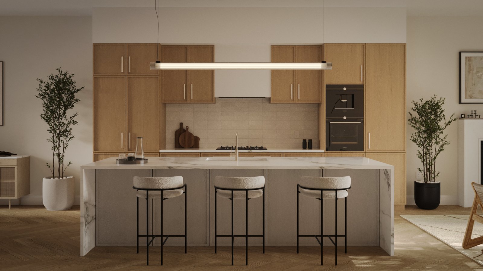 The modern kitchen in new homes in GTA features light wood cabinets, a marble island with three cushioned bar stools, a sleek hanging light fixture, two potted plants, and built-in stainless steel appliances. The room is warmly lit and elegantly organized. The modern kitchen in new homes in GTA features light wood cabinets, a marble island with three cushioned bar stools, a sleek hanging light fixture, two potted plants, and built-in stainless steel appliances. The room is warmly lit and elegantly organized.