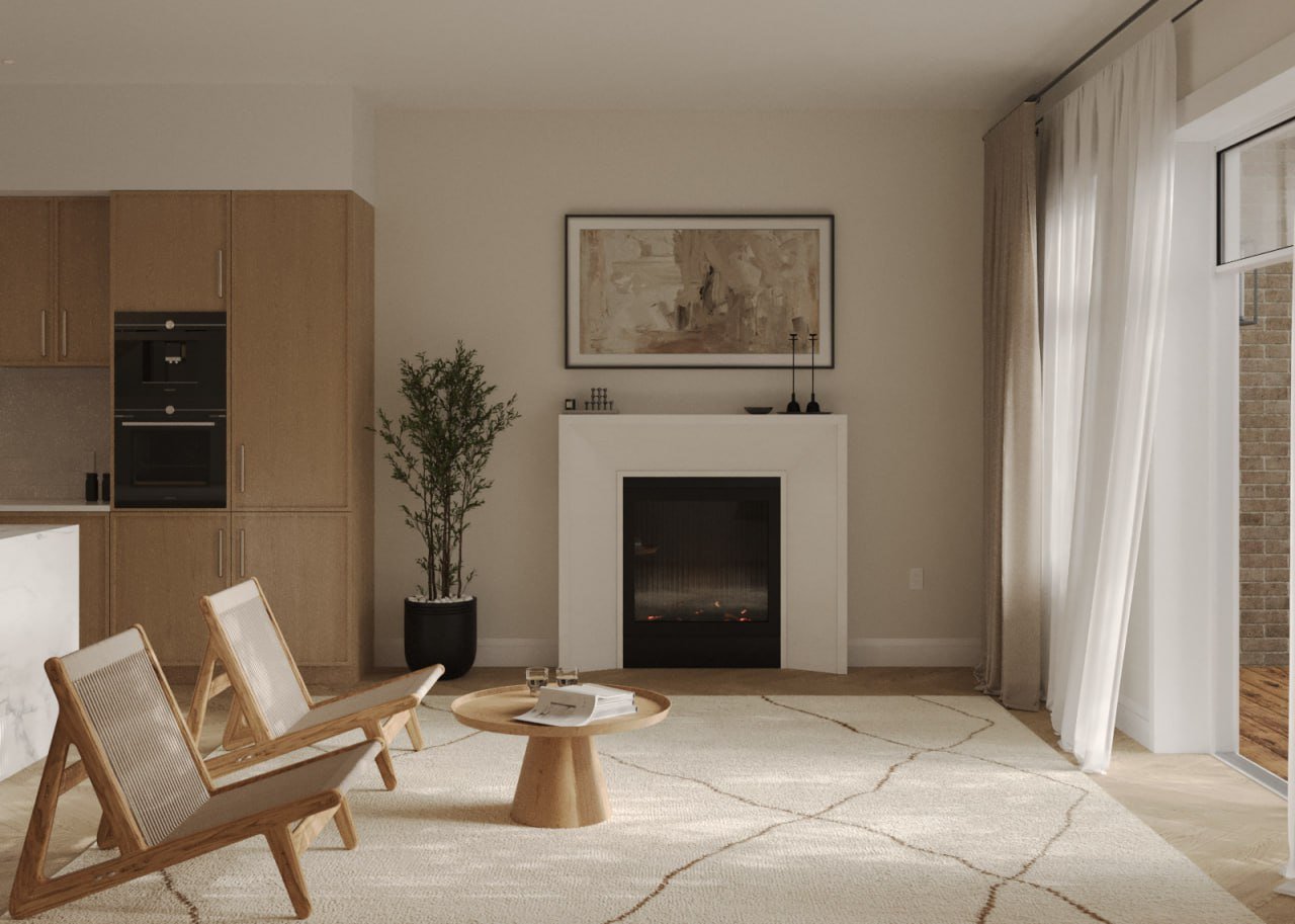 The minimalist living room in these new condos in GTA features two wooden chairs facing a round coffee table on a patterned rug. A central fireplace, adorned with art, adds charm, while natural light pours through sheer-curtained windows beside a potted plant. The minimalist living room in these new condos in GTA features two wooden chairs facing a round coffee table on a patterned rug. A central fireplace, adorned with art, adds charm, while natural light pours through sheer-curtained windows beside a potted plant.