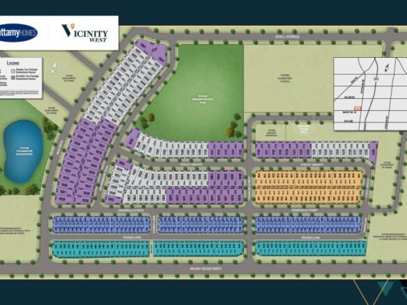 Discover the site plan for Vicinity West by Mattamy Homes, showcasing a vibrant mix of pre-construction homes across colorful residential lots—purple, aqua, orange, beige. Explore streets, a serene pond, green spaces, and a handy map inset in the top right corner.