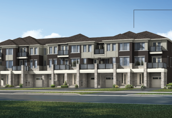 A modern row of three-story townhouses, styled like new condos, showcases dark brick and beige accents with balconies and large windows. The landscape boasts a manicured lawn and trees beneath a clear blue sky.