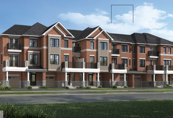 A row of modern, three-story brick townhouses by Sg Homes features gray roofs and white trim. Each unit boasts a garage and small balcony. The sky is clear with a few clouds, complemented by green shrubs and grass in the foreground.
