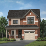 A two-story red brick house with a dark gray shingled roof stands proudly. This Sg Homes gem features large windows, a one-car garage, and a cozy front porch with white columns. Surrounded by greenery, trees, and a lush lawn under a clear blue sky, it's ideal for those seeking new homes in GTA.