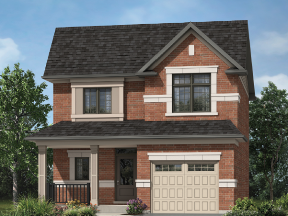 A two-story red brick house with a dark gray shingled roof stands proudly. This Sg Homes gem features large windows, a one-car garage, and a cozy front porch with white columns. Surrounded by greenery, trees, and a lush lawn under a clear blue sky, it's ideal for those seeking new homes in GTA.